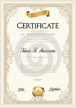 Certificate of Achievement Vintage Frame with Gold Ribbon. Portrait. photo
