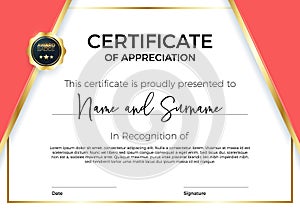 Certificate of appreciation or achievement with award badge. Premium Vector template for awards and diplomas.