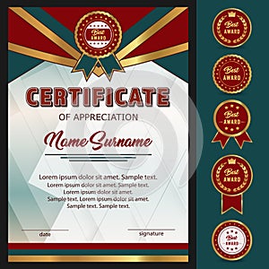 Certificate of appreciation, achievement, diploma and best award label with ribbon. Award winner