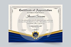 Certificate of appreciation and achievement vector design with blue and golden colors. Official certificate decoration with a