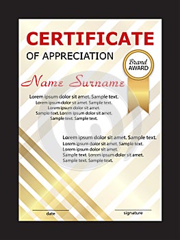 Certificate of appreciation, diploma vertical template. Winning the competition. Award winner. Reward. Gold decorative elements. V