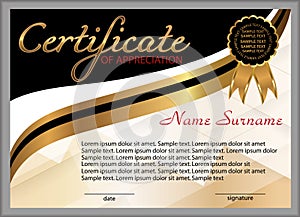 Certificate of appreciation, diploma. Winning the competition. Award winner. Reward. Gold and black decorative elements. Vector