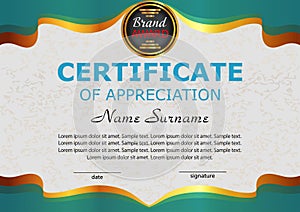 Certificate appreciation. Elegant turquoise template. Reward. Wi