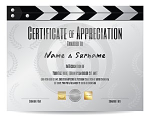 Certificate of appreciation with movie film slate in silver tone