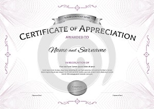 Certificate of appreciation template with award ribbon on abstra