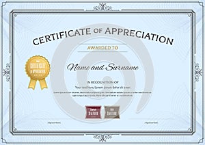 Certificate of appreciation template with award ribbon and vintage border