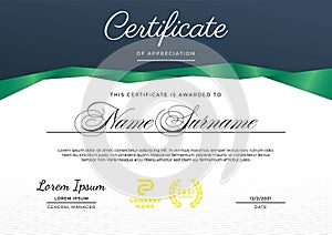 Certificate of appreciation template with deep blue and deep green gradient color, multipurpose, elegant, and simple design