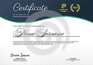 Certificate of appreciation template with deep blue and deep green gradient color, multipurpose, elegant, and simple design