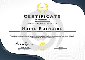 Certificate of appreciation template with deep blue gradient color, simple and elegant design. Multipurpose