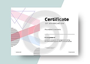 Certificate of appreciation template design. Elegant business diploma layout for training graduation or course completion. Vector