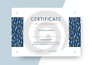 Certificate of appreciation template design. Elegant business diploma layout for training graduation or course completion. Vector