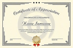 Certificate of appreciation template. Elegant design for vintage diploma with medal and frame. Vector.