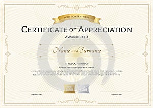 Certificate of appreciation template with gold award ribbon on a photo