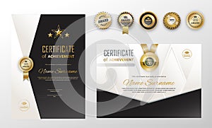 Certificate Blank and gold stars. Black gradient triangles on white background., Vector illustration