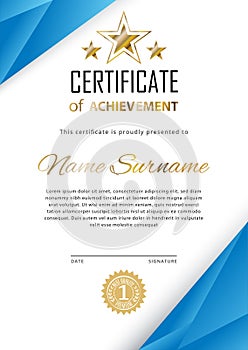 Certificate Blank and gold stars. Blue gradient triangles on white background., Vector illustration