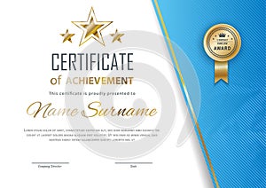 Certificate Blank and gold stars. Blue gradient triangles on white background., Vector illustration