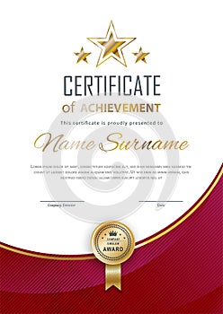 Certificate Blank and gold stars. Red gradient triangles on white background., Vector illustration