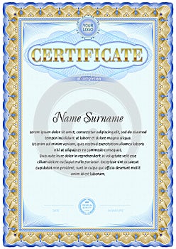 Certificate blank template. Vintage design. Blue color gamma