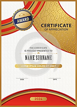 Certificate Blank. White red gold arc on white background., Vector illustration. Chinese colors