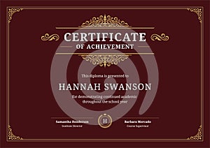 Certificate classic diploma graduation achievement golden flourishes ornate red template vector flat