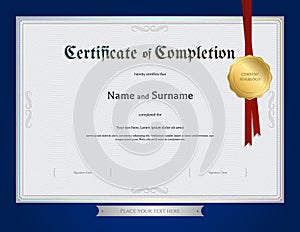 Certificate of completion template with blue border