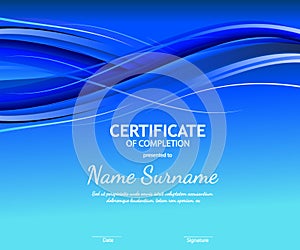 Certificate of completion template with blue futuristic wavy background. Vector illustration