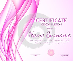 Certificate of completion template with dynamic pink soft wavy background. Curved lines in elegant smooth style.