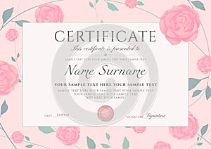 Certificate of completion template with flowers blue Roses and Green floral pattern frame leaves.