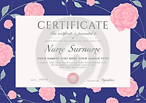 Certificate of completion template with flowers blue Roses and Green floral pattern frame leaves