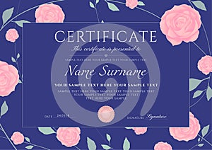 Certificate of completion template with flowers blue Roses and Green floral pattern frame leaves