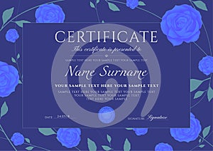 Certificate of completion template with flowers blue Roses and Green floral pattern frame leaves