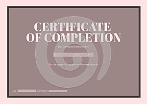 Certificate of completion text in pink, space for name, date and signature on brown with frame