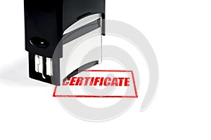 Certificate concept, inscription and rubber stamp on white background.