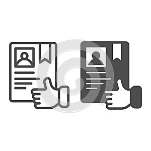 Certificate of course and thumb up hand line and solid icon, driver license concept. Vector graphics. Driving school