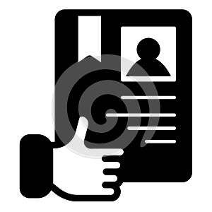 Certificate of course and thumb up hand solid icon, driver license concept. Vector graphics. Driving school document