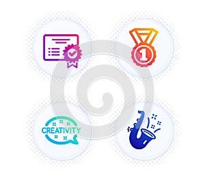 Certificate, Creativity and Best rank icons set. Jazz sign. Verified document, Inspiration, Success medal. Vector