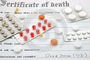 Certificate of death and pills.