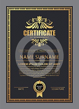 Certificate Design. Diploma currency border template. Dark colored gift voucher award background