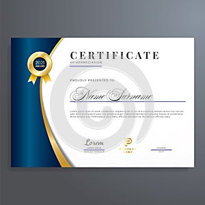 Certificate design template with gold and blue color, multipurpose, simple and elegant