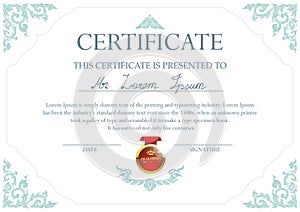 Certificate design template with Thai art frame and 3d red qualified badge