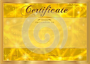 Certificate, Diploma of completion with abstract gold background, sparkling twinkling stars. Cosmic shiny galaxy (atmosphere)