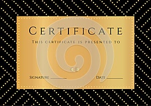 Certificate, Diploma of Completion with black Background, golden elemets pattern, border, gold frame.