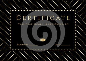 Certificate, Diploma of Completion with black Background, golden elemets pattern, border, gold frame. Certificate of Achievement