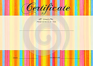 Certificate, Diploma of completion with colorful stripy (stripes border) background. Vector watercolor with rainbow line pattern