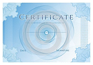 Certificate, Diploma of completion design template, background with blue guilloche pattern watermark, frame