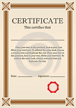 Certificate or Diploma of completion design template with borders. Vector illustration of Certificate of Achievement, coupon, awar