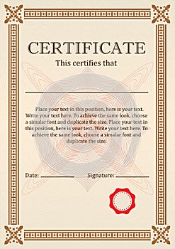 Certificate or Diploma of completion design template with borders. Vector illustration of Certificate of Achievement, coupon, awar