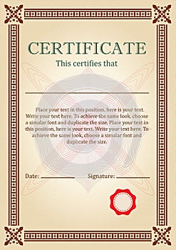 Certificate or Diploma of completion design template with borders. Vector illustration of Certificate of Achievement, coupon, awar