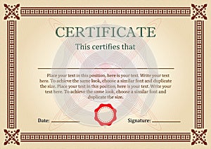 Certificate or Diploma of completion design template with ornamental frame or border. Vector illustration of Certificate