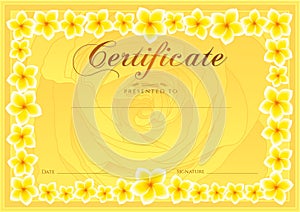 Certificate, Diploma of completion Frangipani design template, flower background with floral, pattern, border, frame